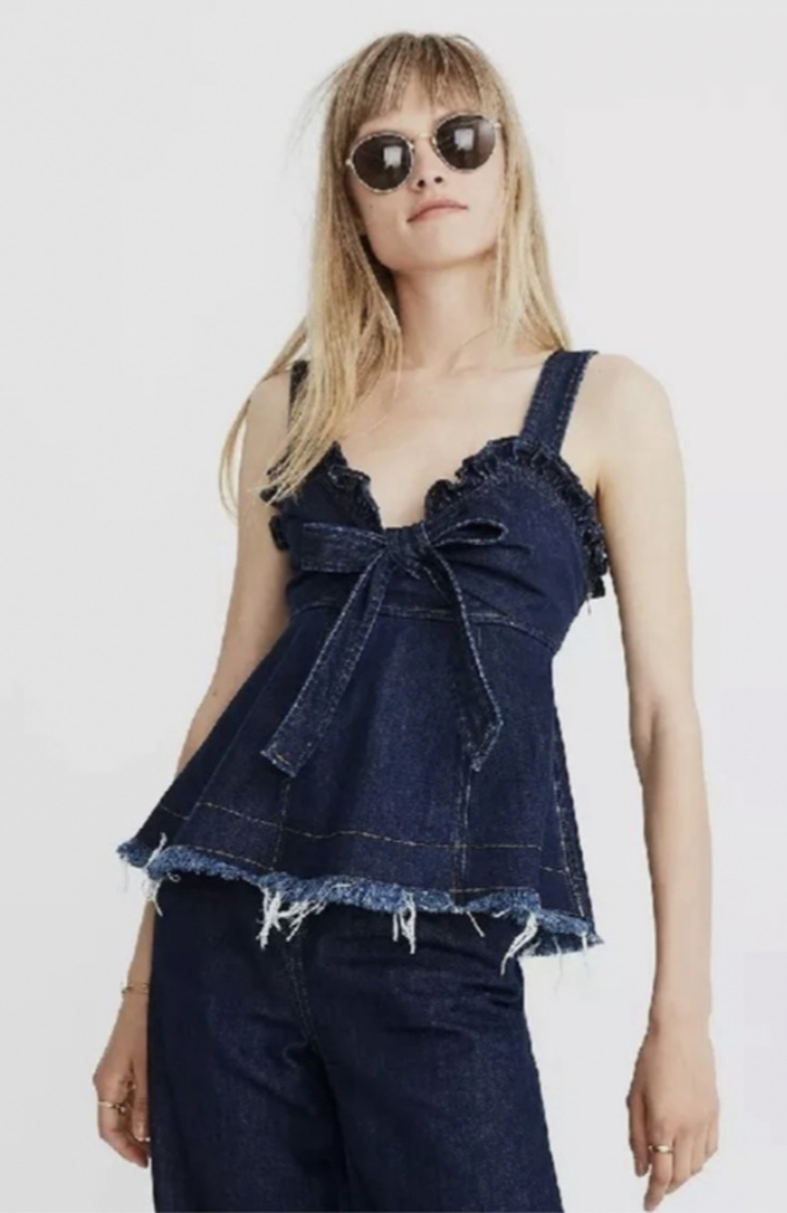 NWT $78.00 Madewell X Karen Walker Raw-Edged Denim Trianon Top Size 22 zip A10